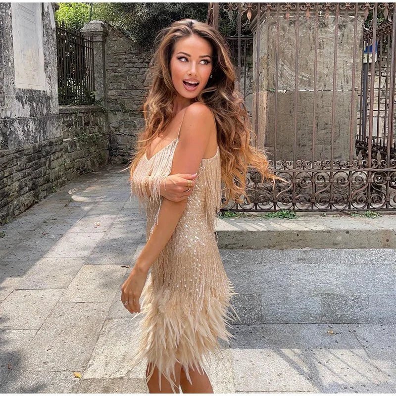 Feather Fringe Cocktail Dress | Sparkling Mini | Glam Party Look