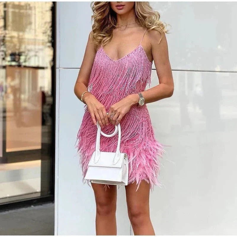 Feather Fringe Cocktail Dress | Sparkling Mini | Glam Party Look