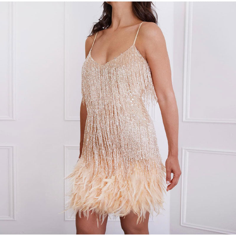 Feather Fringe Cocktail Dress | Sparkling Mini | Glam Party Look