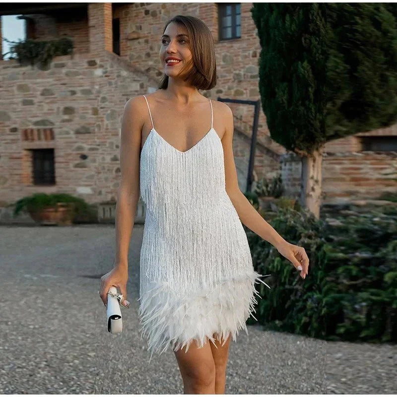 Feather Fringe Cocktail Dress | Sparkling Mini | Glam Party Look