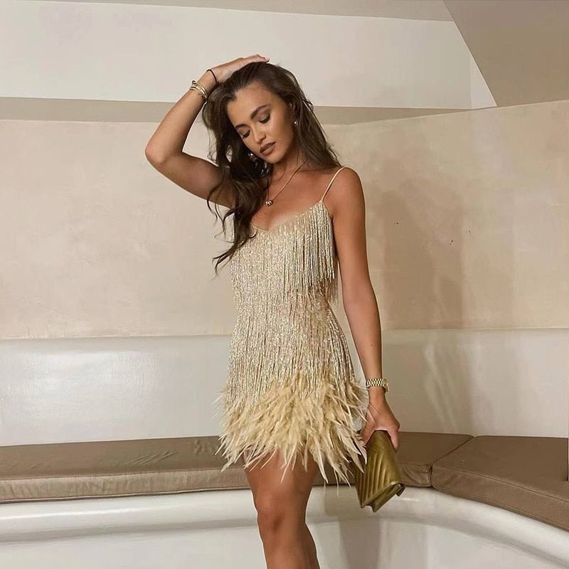 Feather Fringe Cocktail Dress | Sparkling Mini | Glam Party Look