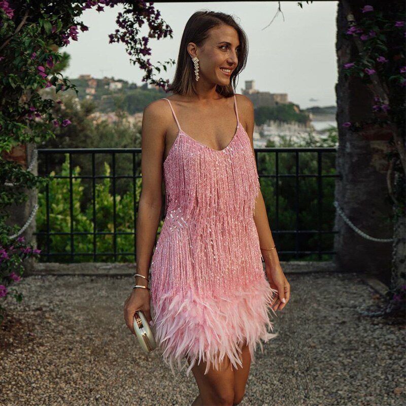 Feather Fringe Cocktail Dress | Sparkling Mini | Glam Party Look